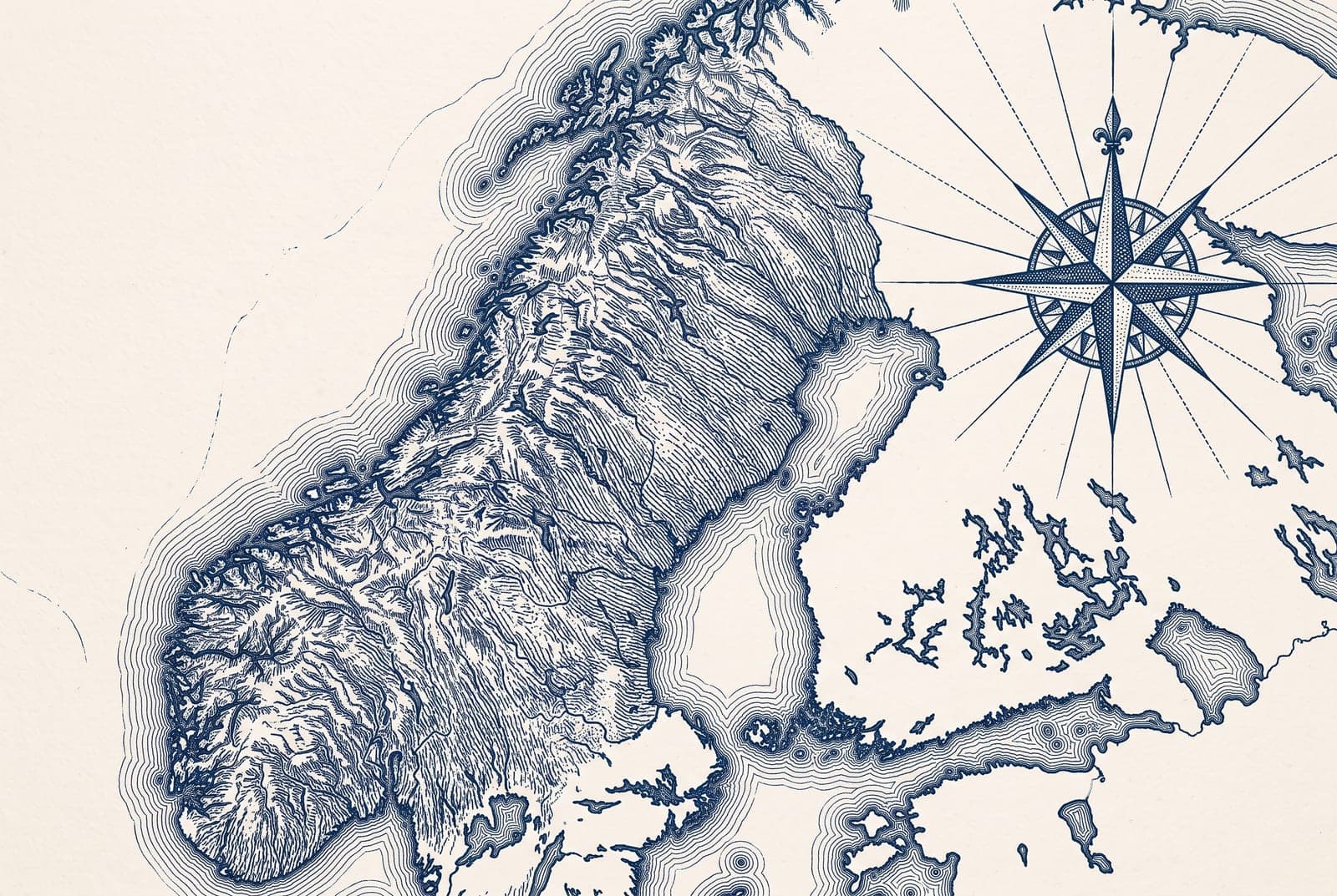 Gravyr i blå duoton: karta över Skandinavien med kompassros