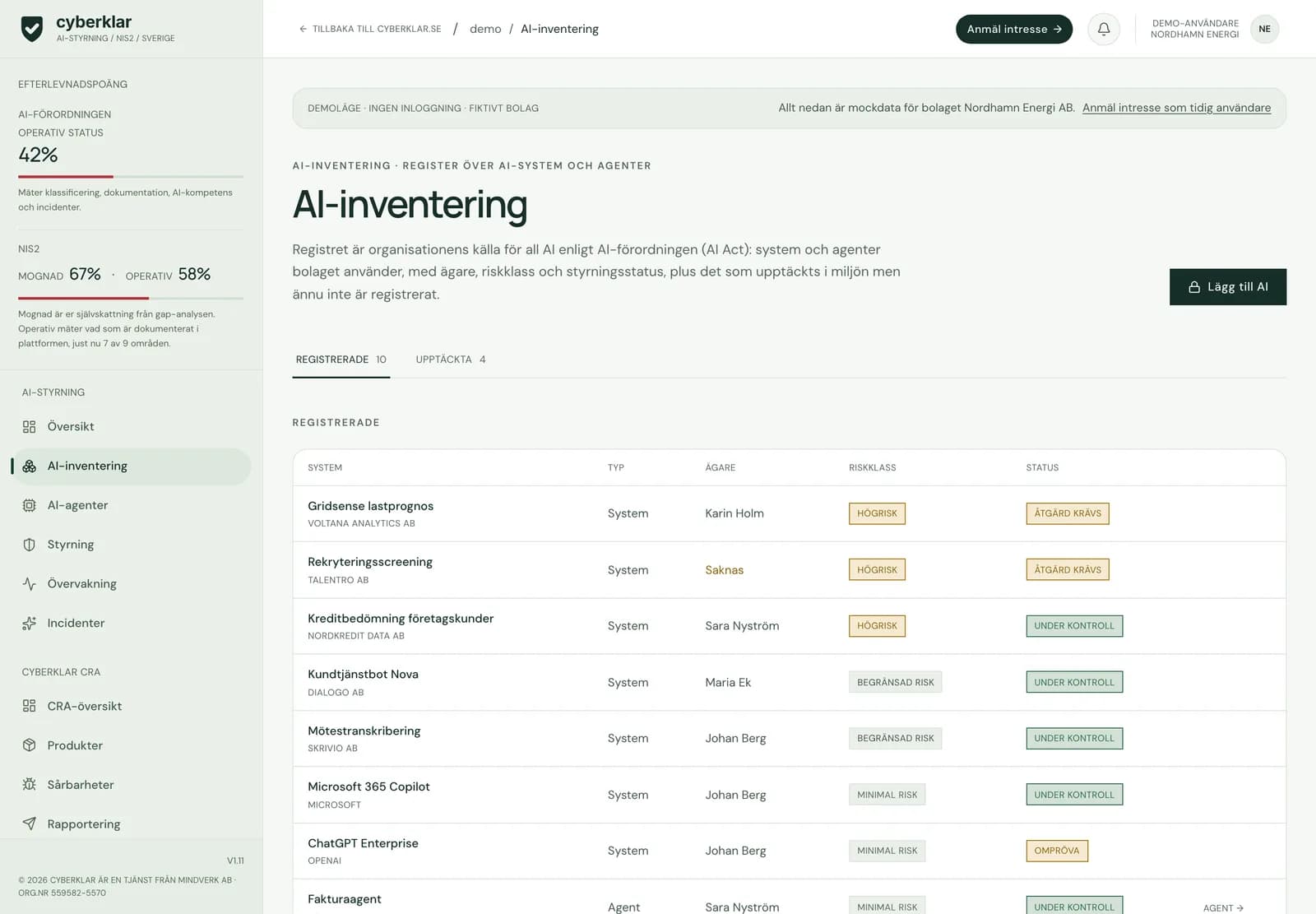 AI-inventeringen i CyberKlar: registrerade AI-system och agenter med leverantör, typ, ägare, riskklass och styrningsstatus, och en flik för upptäckta system som ännu inte är registrerade. Fiktiva data för det påhittade bolaget Nordhamn Energi AB.