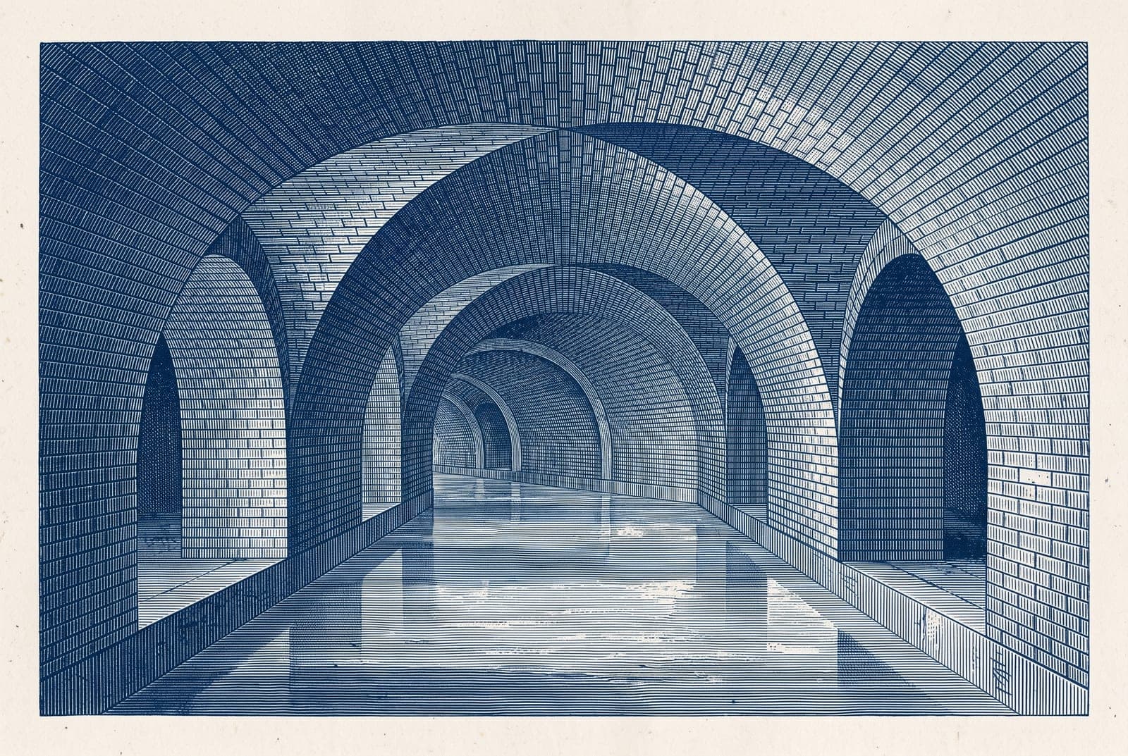 Gravyr i blå duoton: valvgång i avloppstunnel av tegel
