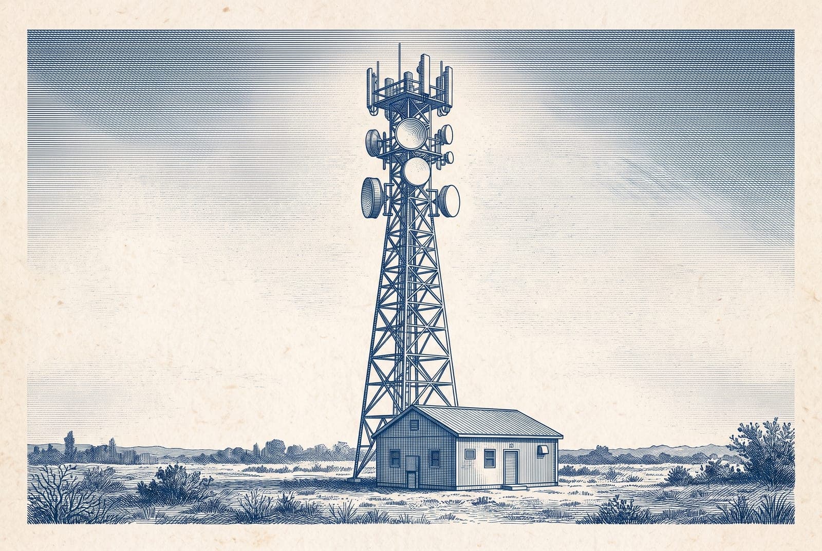 Gravyr i blå duoton: telekommast med antennpaneler
