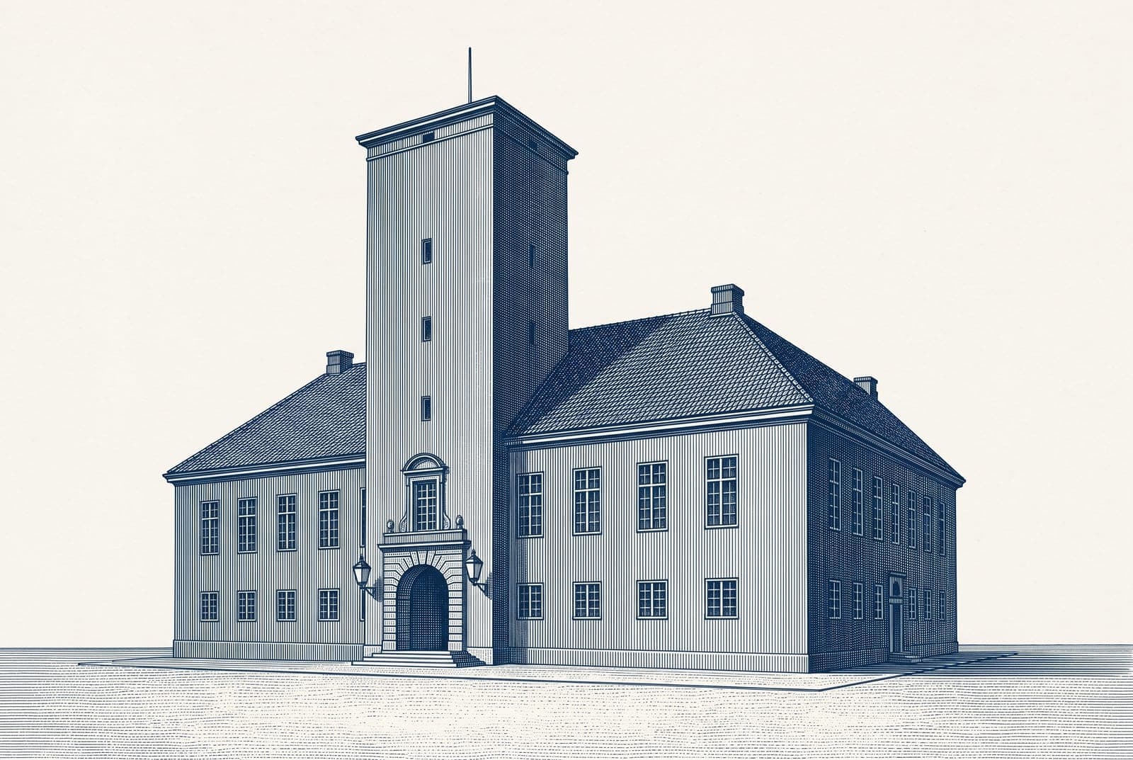 Gravyr i blå duoton: stadshus med torn och portal