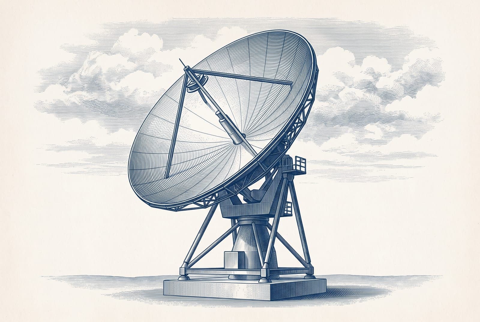 Gravyr i blå duoton: markstation med parabolantenn