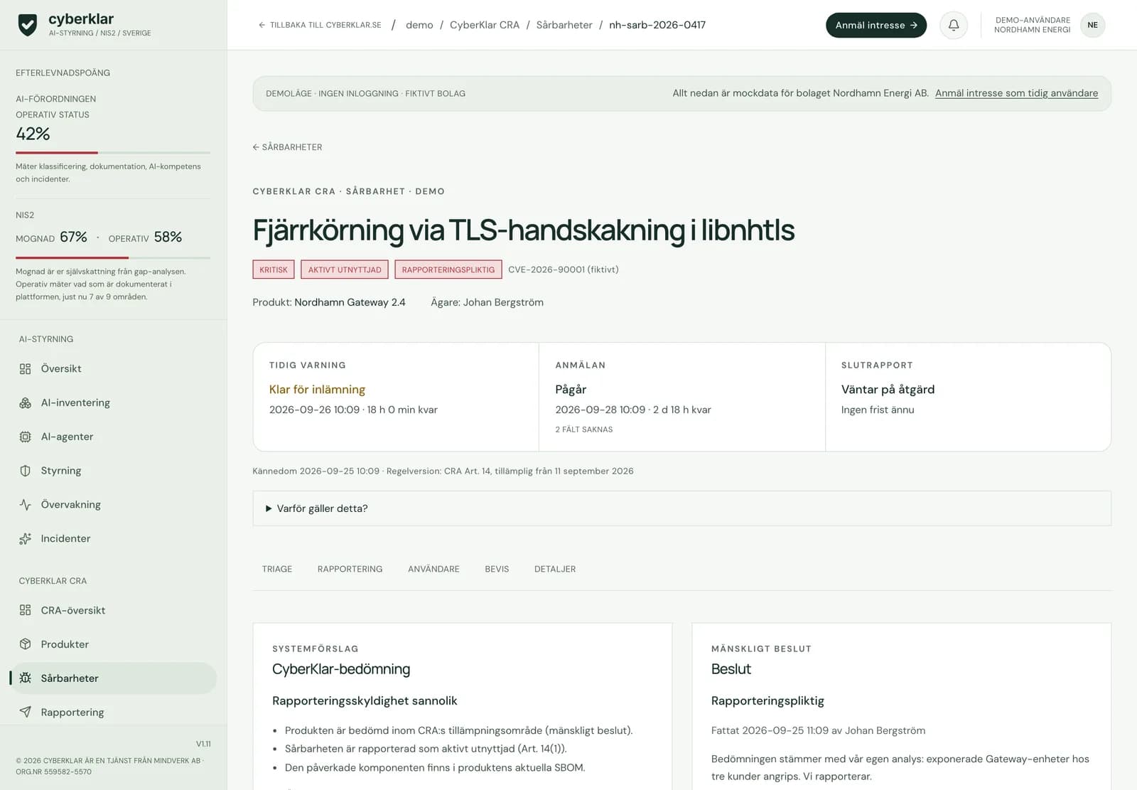 En aktivt utnyttjad sårbarhet i CyberKlar CRA med ett fiktivt CVE-id: fristerna för tidig varning, anmälan och slutrapport räknade från kännedomstidpunkten, och bredvid varandra CyberKlars förslag om rapporteringsskyldighet och det mänskliga beslutet. Fiktiva data för det påhittade bolaget Nordhamn Energi AB.